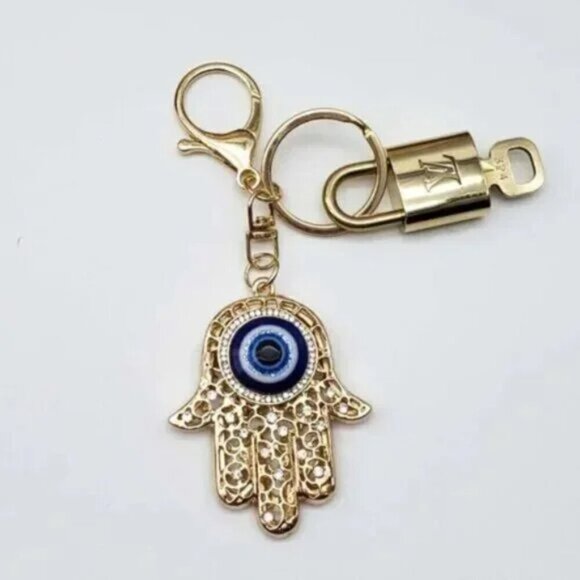 Authentic Louis Vuitton Gold Lock & Key With Unbranded Evil Eye Bagcharm - Picture 2 of 6
